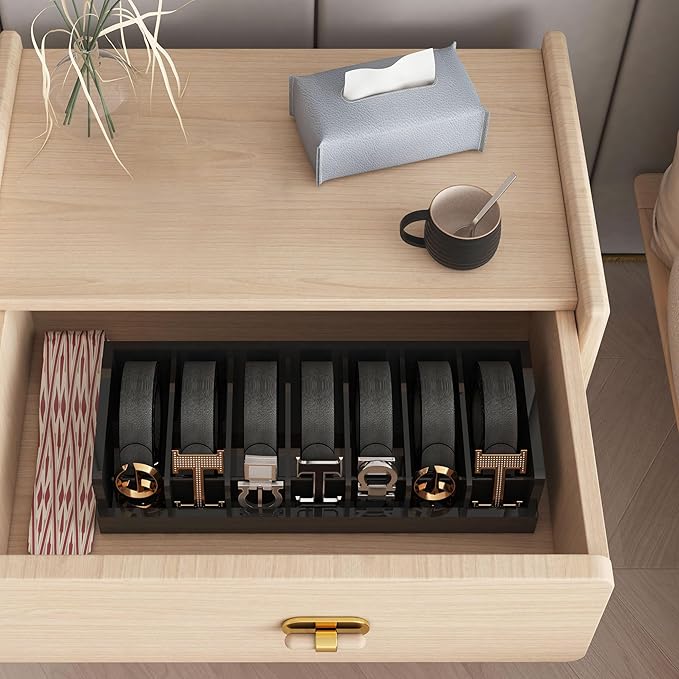 Belt Organizer for Drawer - Bamboo Belt Storage Organizer | Belt Rack for Closet Wall Mount Men Women Tie Sock Bra Scarf Ribbon (Black, 7 Grids)