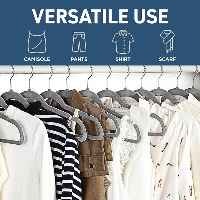 Lifemaster Velvet Non-Slip Hangers - 50 Pieces Non-Slip Coat Hanger Set with 360° Swivel Hook, Space-Saving, Sleek Design, Keep Closet Organized, Smooth Velvet Finish, Lightweight Construction - Gray
