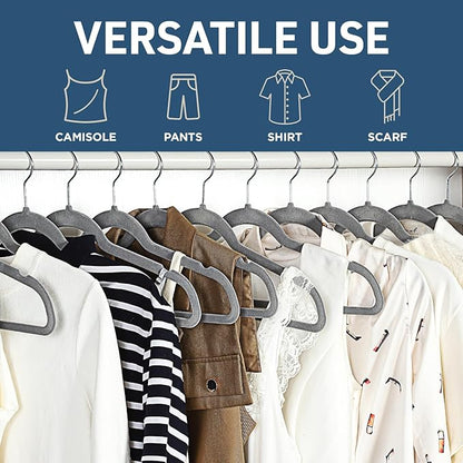 Lifemaster Velvet Non-Slip Hangers - 50 Pieces Non-Slip Coat Hanger Set with 360° Swivel Hook, Space-Saving, Sleek Design, Keep Closet Organized, Smooth Velvet Finish, Lightweight Construction - Gray