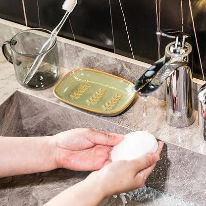 Miamolo Soap Dish Soap Holder Shower, Ceramic Soap Dishes for Bar Soap Sponge, Shower Soap Dish Soap Saver Tray for Bathroom Kitchen Sink, Easy to Clean, Green (Pack of 2)