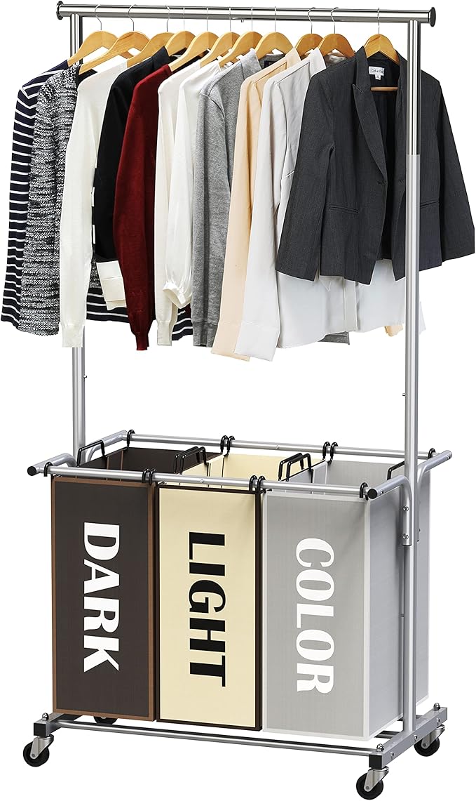 Simple Houseware 3-Bag Laundry Sorter with Extensible Clothes Hanging Rod, 3-Logoed Multi Color Bags