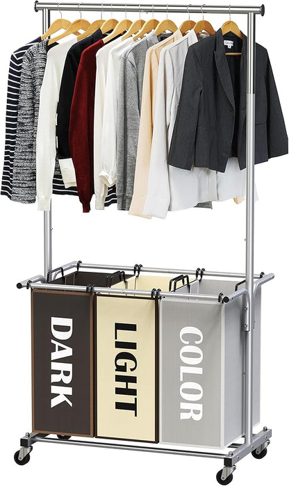Simple Houseware 3-Bag Laundry Sorter with Extensible Clothes Hanging Rod, 3-Logoed Multi Color Bags
