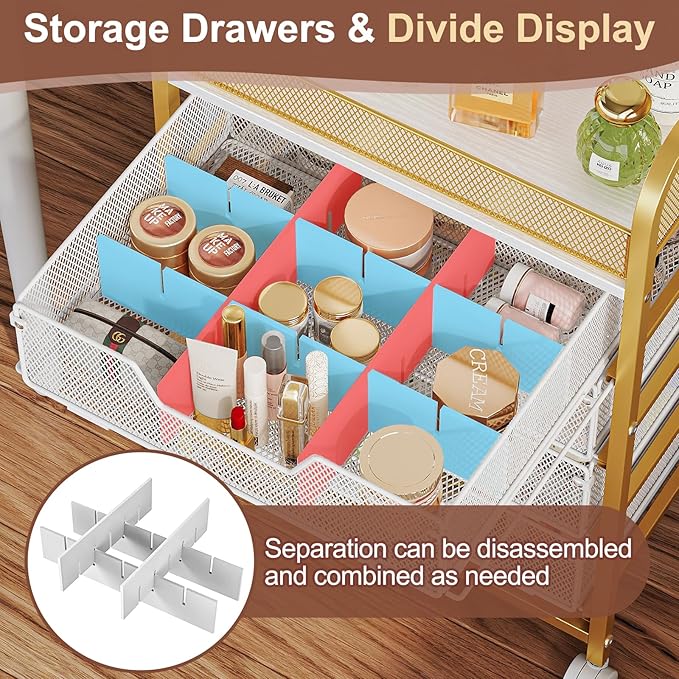 Hongtamoya Makeup Cart Organizer with 4 Drawers, Large Floor Skincare Organizers, Vanity Storage Organizer Cosmetics Display Cases for Skin Care Perfume Nail Polish, Gold