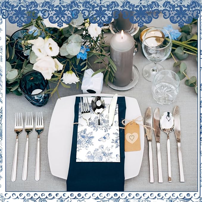 Sliner 50 Pieces White and Blue Floral Silverware Bags Paper Disposable Silverware Sleeves Blue Floral Cutlery Holder Chinoiserie Utensil Pouch Table Decoration for Wedding Cocktail Guest Tea Party