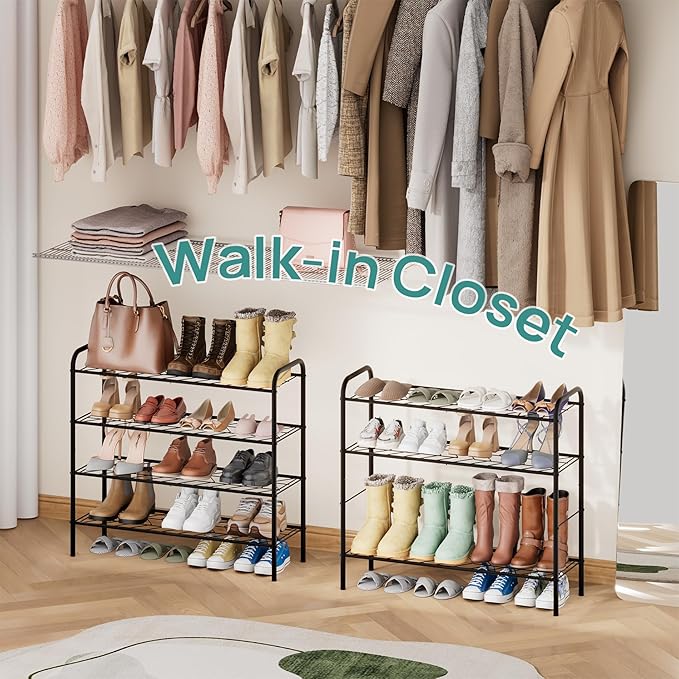 viewcare Shoe Rack for Closet, 4-Tier Long Shoe Rack for Entryway & Garage, Black Shoe Organizer Holds 12-16 Pairs, Sturdy Metal Construction
