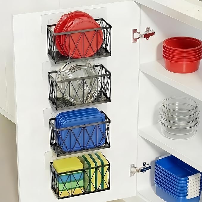 4 Pack Cabinet Door Organizer, Adhesive Inside Cabinet Door Storage for Kitchen Bathroom, Lid Organizer Compatible with Tupperware Pyrex, Wall Mounted Basket for Pantry Under Sink, Black