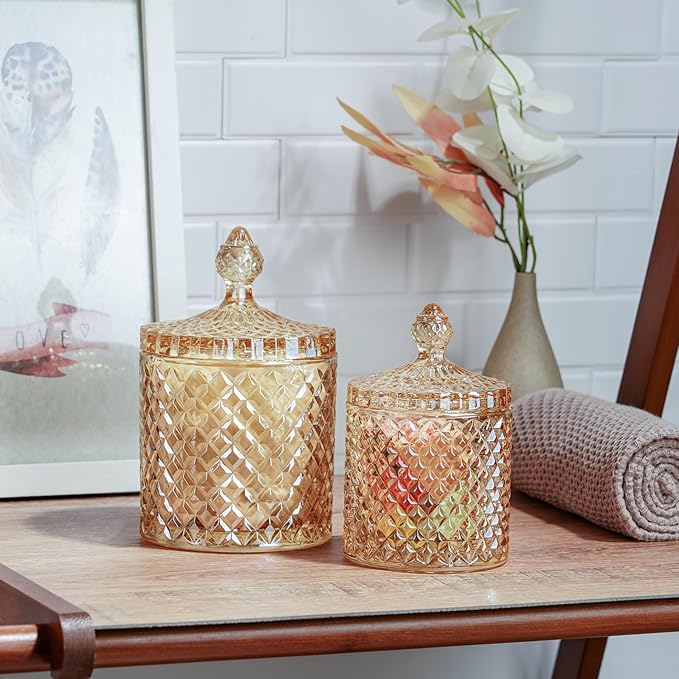 R FLORY 2 Pack Qtip Holder Glass Apothecary Jars with Lids Bathroom Storage Organizer for Cotton Swabs, Balls, Pads, Floss Picks, Vanity Storage Containers for Makeup, Candy, Jewelry (10+24oz, Amber)
