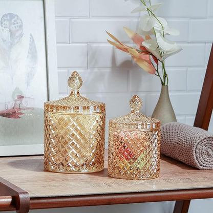 R FLORY 2 Pack Qtip Holder Glass Apothecary Jars with Lids Bathroom Storage Organizer for Cotton Swabs, Balls, Pads, Floss Picks, Vanity Storage Containers for Makeup, Candy, Jewelry (10+24oz, Amber)
