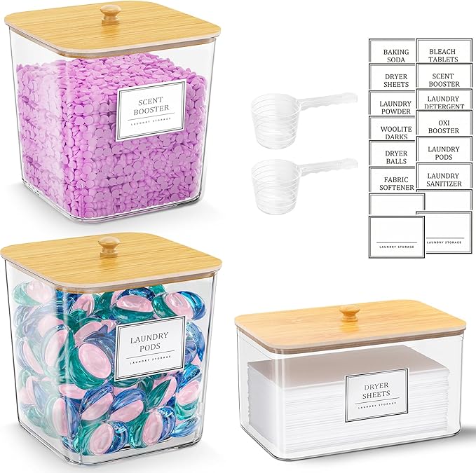 2+1 Pack Laundry Pods Container,Clear Laundry Detergent Powder Storage Containers,Laundry Room Organization Containers with Wooden Lids & Labels,Laundry Pods Holder for Scent Booster,Dryer Ball