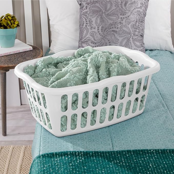 Sterilite 12-Pack Rectangular Laundry Basket, Plastic Clothes Hamper, 1.5 Bushel, White - Dirty Clothing Storage Organizer with Handles for Bedroom, Bathroom, and Closet
