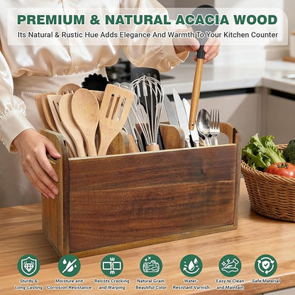 Kitchen Utensil Holder for Countertop with 3 Compartments，Acacia Wood Utensil Holder Cooking Spatula Organizer Large Cutlery Organizer for Kitchen Countertop Farmhouse Kitchen Decor