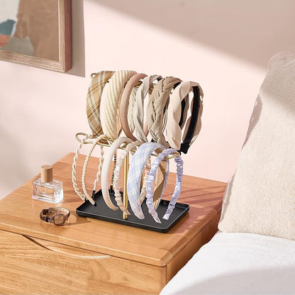Headband Holder Organizer, 2-Tier T-bar Storage Stand with Tray for Hair Accessories Hairband Hair Clip, for Girls Women, Gold & Black