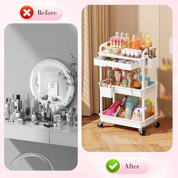 SUNALLY Makeup Cart Organizer with Drawers, Floor Skincare Organizers Vanity Storage Organizer, Rolling Makeup Bathroom Storage Cart Cosmetics Display Cases for Skin Care Perfume Nail Polish, White