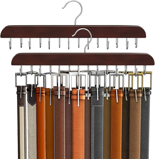 Belt Hanger for Closet, Sturdy Wood Belt Rack Closet Accessories with 14 Hooks Belt Organizer for Closet Organizers and Storage Max 42 Belts-Mahogany 2 Pack