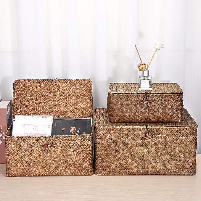 Hipiwe Set of 3 Natural Seagrass Storage Baskets with Lid - Large Handwoven Wicker Storage Bins Rectangular Household Organizer Boxes Shelf Wardrobe Organizer, Coffee