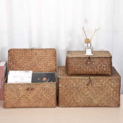 Hipiwe Set of 3 Natural Seagrass Storage Baskets with Lid - Large Handwoven Wicker Storage Bins Rectangular Household Organizer Boxes Shelf Wardrobe Organizer, Coffee