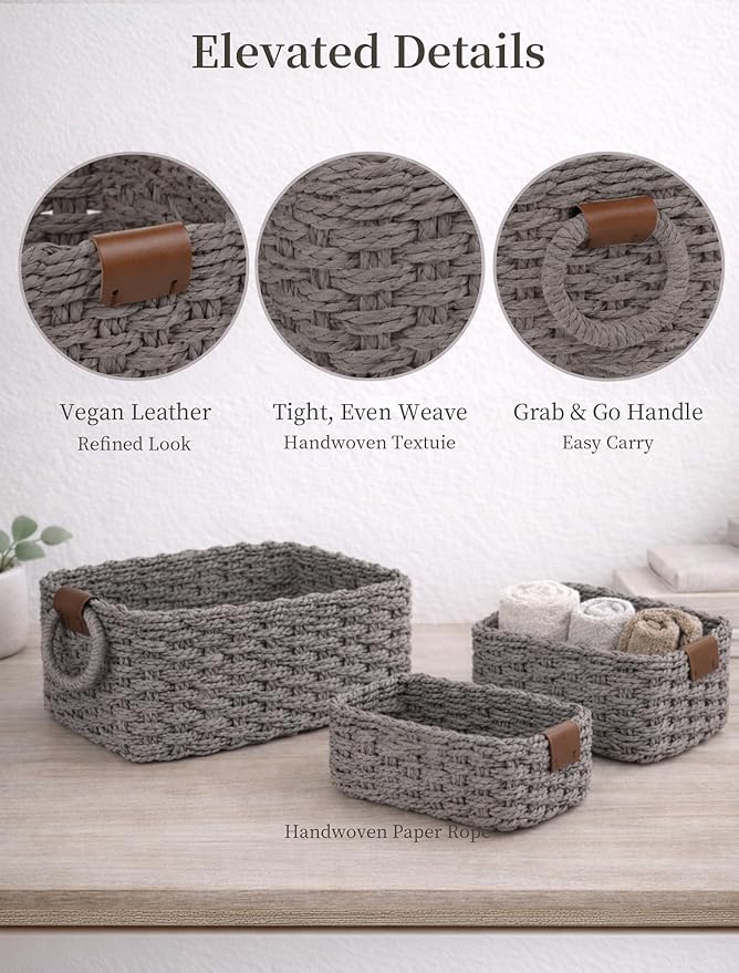 Storage Basket, Recycled Paper Rope Bathroom Basket Organizer, 3Pcs Small Baskets for Organizing, Mini wicker Basket for Decorative Storage Bins, Shelves, Bathroom, Cabinet - Grey