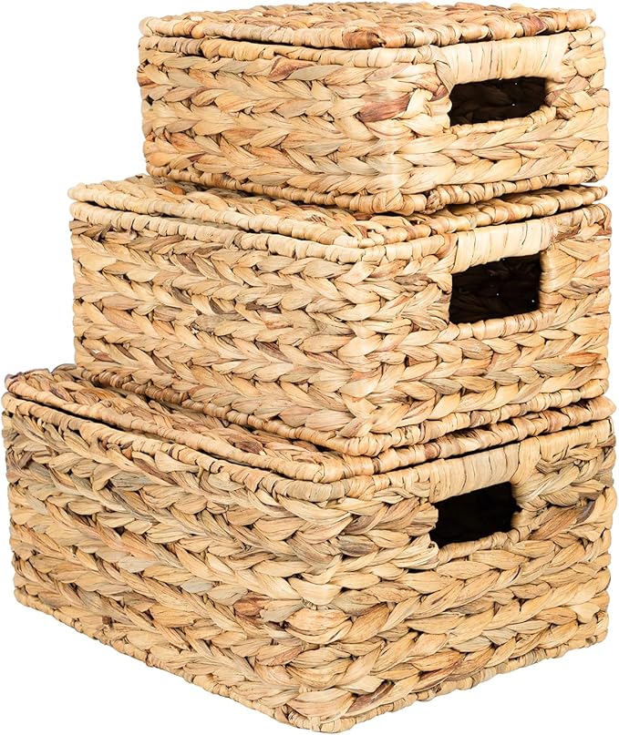 Wicker Storage Baskets, Hand-Woven Rectangular Wicker Basket with Lid for Bedroom & Living Room, Nesting Rattan Basket for Shelves (Water Hyacinth, 3-Pack)