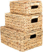Wicker Storage Baskets, Hand-Woven Rectangular Wicker Basket with Lid for Bedroom & Living Room, Nesting Rattan Basket for Shelves (Water Hyacinth, 3-Pack)
