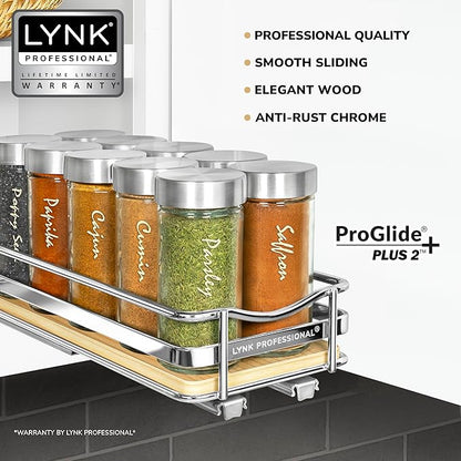 LYNK PROFESSIONAL® Élite™ Pull Out Spice Organization for Cabinets - 4-3/8 inch Wide – Spice Rack for Inside Cabinets – Wood/Chrome - Sliding Spice Rack Organizer for cabinet – Spice Rack - 1 Tier