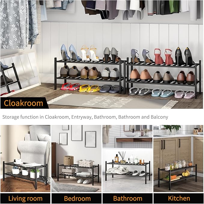 Shoe Rack, 2-Tier Bamboo Stackable Shoe Shelf Storage Organizer, Shoe Stand for Closet, Entryway and Hallway