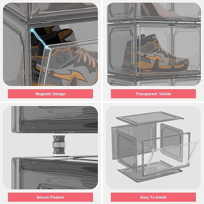 Shoe Box,Set of 6,Stackable Plastic Clear Shoe Box Organizer with Magnetic Door,Shoe Storage Box Thicken Sturdy,Easy Assembly,Fit up to US Size(Side opening door, Black)