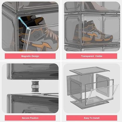 Shoe Box,Set of 6,Stackable Plastic Clear Shoe Box Organizer with Magnetic Door,Shoe Storage Box Thicken Sturdy,Easy Assembly,Fit up to US Size(Side opening door, Black)