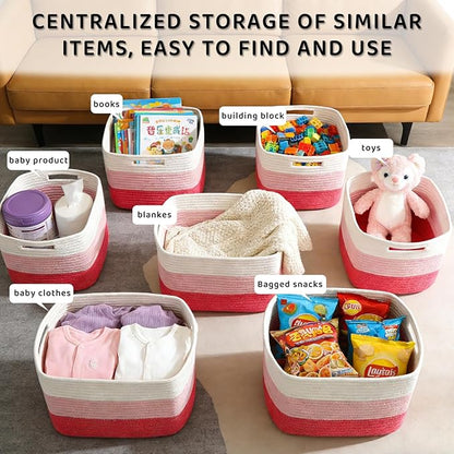 4 Pack Storage Baskets for Organizing, 12''Lx9''Wx8''H Woven Baskets for Storage Toys, Towels, Books, and Clothes, Cotton Rope Basket for Shelves with Handle White & Brown