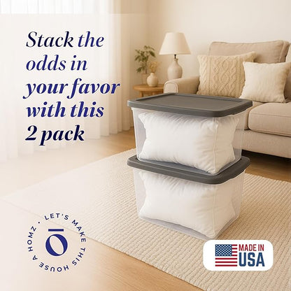 HOMZ 2-Pack Snaplock, Large Clear Plastic Storage Organizer Bins w/Lids, 56 Quart, Gray - Stackable Container Boxes for Bedroom, Bathroom, Garage, and Office Organization