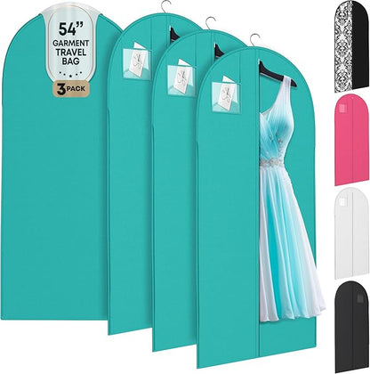 Luxury On the Go Black Suit Bag, Dress, and Travel Gown Garment Bags – 54" Hanging Garment Bag with Clear ID Window – Lightweight & Tear-Resistant – 3 Pack for Dresses, Prom, Evening Gown