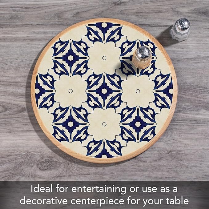 CounterArt Decorative Round Natural Wood Lazy Susan Turntable 14" Diameter Condiment Caddy, Cheese Server, Cake Plate, Spice Organization (Blue Tile Floral)
