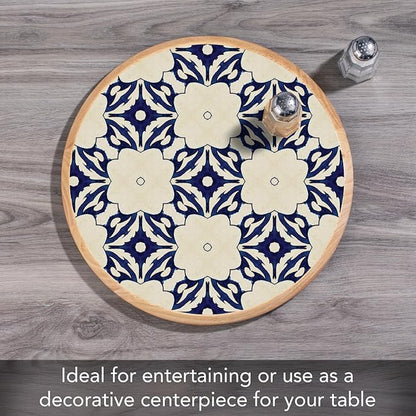 CounterArt Decorative Round Natural Wood Lazy Susan Turntable 14" Diameter Condiment Caddy, Cheese Server, Cake Plate, Spice Organization (Blue Tile Floral)