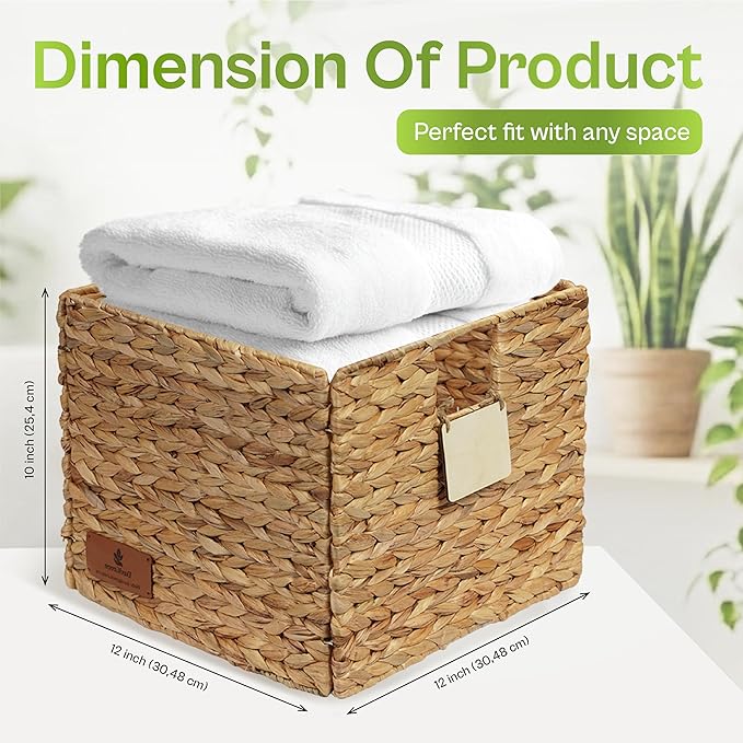 Water Hyacinth Storage Basket Set of 2, 12 x 12 x 10 Inch Foldable Woven Storage Baskets for Organizing, Reinforced Wicker Baskets for Shelves, Handwoven Natural Fiber, SGS Tested