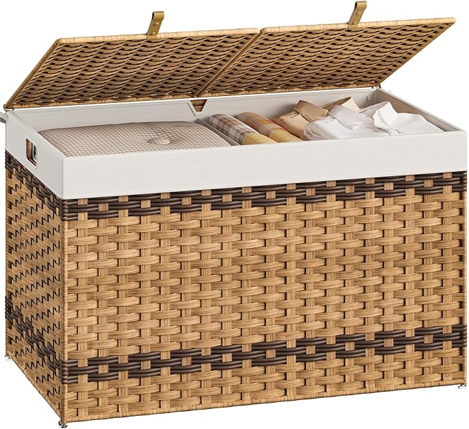 HOOBRO Storage Basket with Lid, 42.3 Gallon (160L) Wicker Storage Basket with 2 Separate Lid, Blanket Storage Bin with 2 Removable Liner Bags, for Bedroom, Laundry, Natural and Brown NL276CW01
