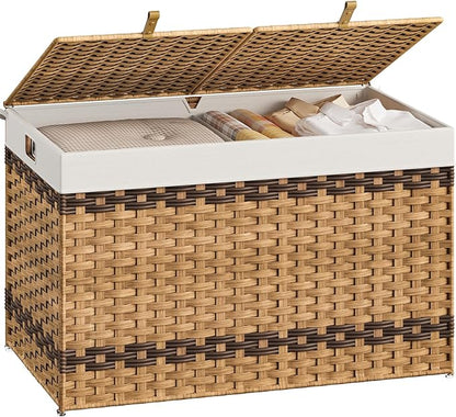 HOOBRO Storage Basket with Lid, 42.3 Gallon (160L) Wicker Storage Basket with 2 Separate Lid, Blanket Storage Bin with 2 Removable Liner Bags, for Bedroom, Laundry, Natural and Brown NL276CW01
