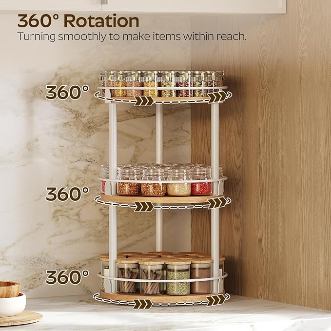 YATINEY 3-Tier Lazy Susan Organizer, Rotating Spice Rack, Spinning Organizer, Industrial Turntable Spice Rack Organizer for Cabinet, Kitchen Countertop, Pantry, White and Natural SR23WN