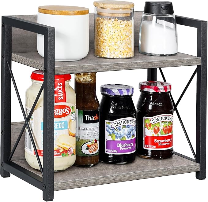 Giikin Countertop Shelf Organizer, 2 Tier Kitchen Spice Rack for Countertop, Wood Coffee Counter Shelf for Home, Particle Board and Metal, Grey, Small