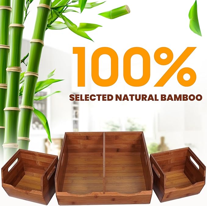 [Upgraded] 2-tier Stackable Bamboo Pantry Storage Bins, Potato and Onion Storage Baskets with Handles, Removable Divider, Pantry Organizer Holder for Kitchen, Office, Cabinet, Fruit Storage (Walnut)