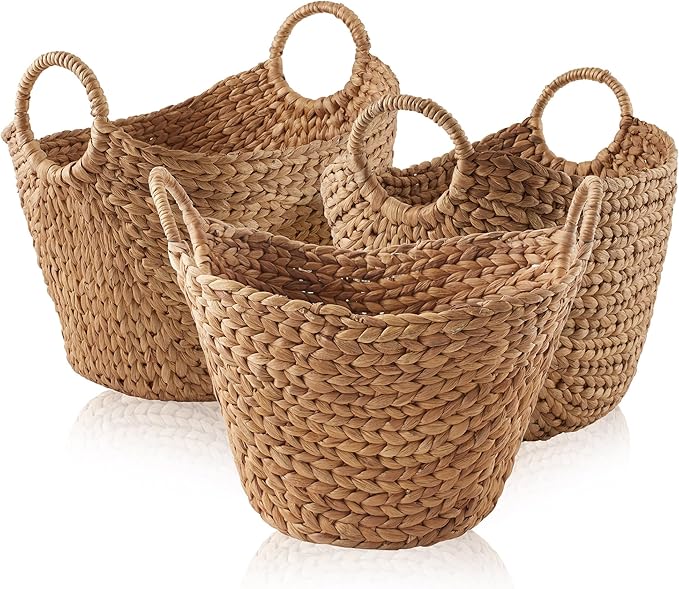 Casafield Set of 3 Multipurpose Boat Baskets with Handles - Cinnamon, Woven Water Hyacinth Storage Organizers for Throw Blankets, Bedroom, Laundry