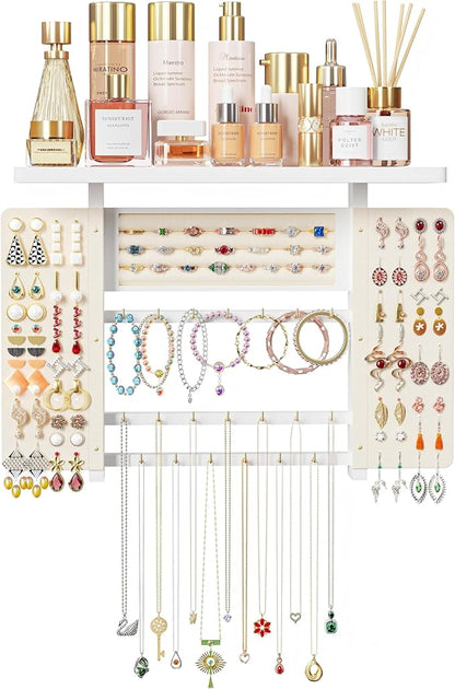 Emfogo Jewelry Organizer Hanging Wall Mounted Jewelry Holder, 5-in-1 Large Capacity Necklace Organizer Wall Hanging Jewelry Display for Ring, Necklaces, Bracelets, Earrings (White)