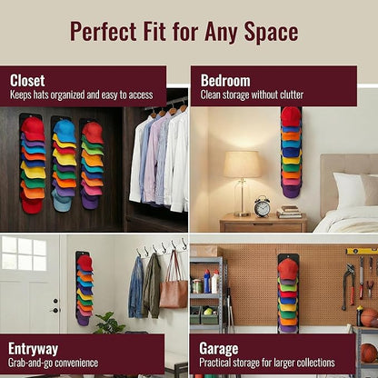 Hat Organizer for Baseball Caps - 2 Pack Hat Rack Hanger for Wall Door Closet Storage - Wall-Mounted Vertical Ball Cap Holder Display Racks - Hanging Ballcap Shelf Organizers Holds Up to 20 Hats