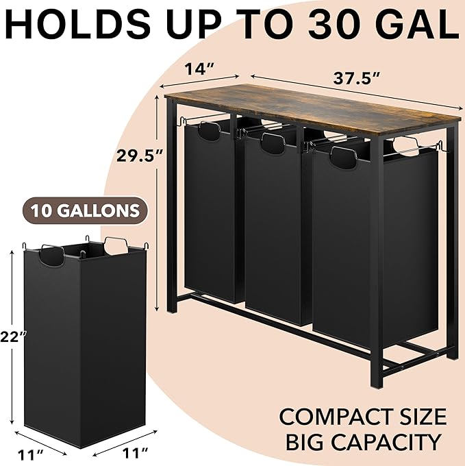 Simple Houseware 3-Section Laundry Sorter with Tabletop Shelf, 3 Pull-Out 10-Gallon Hampers, Metal Frame Laundry Organizer for Bedroom, Bathroom, Rustic Brown