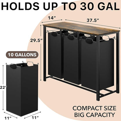 Simple Houseware 3-Section Laundry Sorter with Tabletop Shelf, 3 Pull-Out 10-Gallon Hampers, Metal Frame Laundry Organizer for Bedroom, Bathroom, Rustic Brown