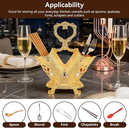 Cyrank Vintage Utensil Holder, Gold Kitchen Utensil Holder for Countertop Metal Utensil Organizer Silverware Caddy Storage Holder for Flatware, Cutlery, Spoon, Fork