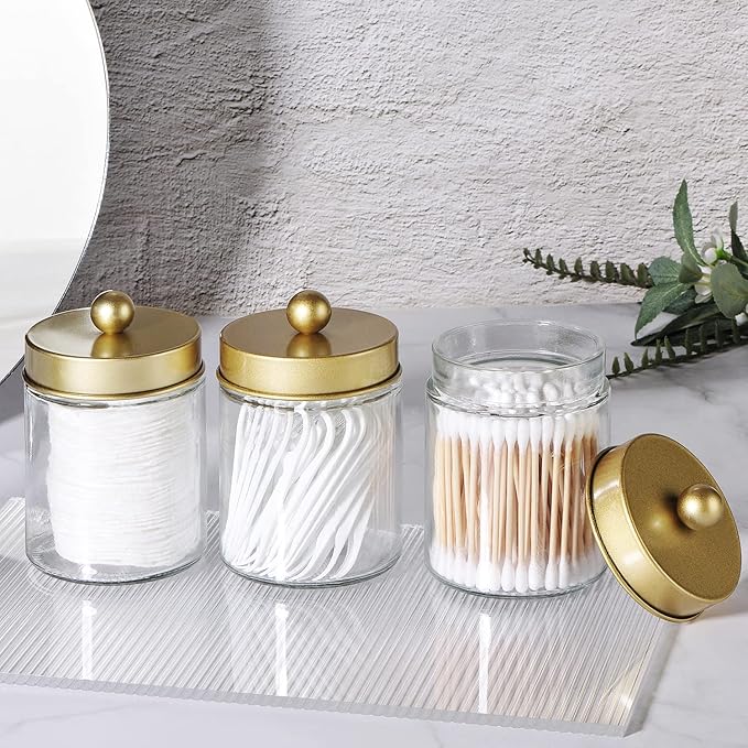 Apothecary Jar Canisters Bathroom Vanity Organizer - Qtip Holder Storage Organizer Countertop -Stainless Steel Lids &Cute Stickers for Qtips,Cotton Swabs,Makeup Sponges,Floss(3 Pack) (Gold)