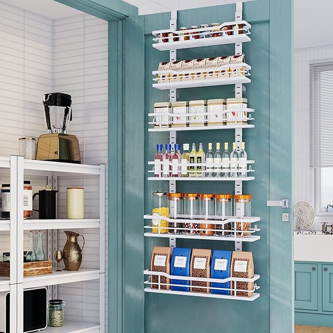 Eastherry Over The Door Pantry Organizer，6-Tier Over The Door Organizer with Adjustable Basket，Metal Hanging Pantry Organizers and Storage for Kitchen, Back of Door Seasoning Rack (White)
