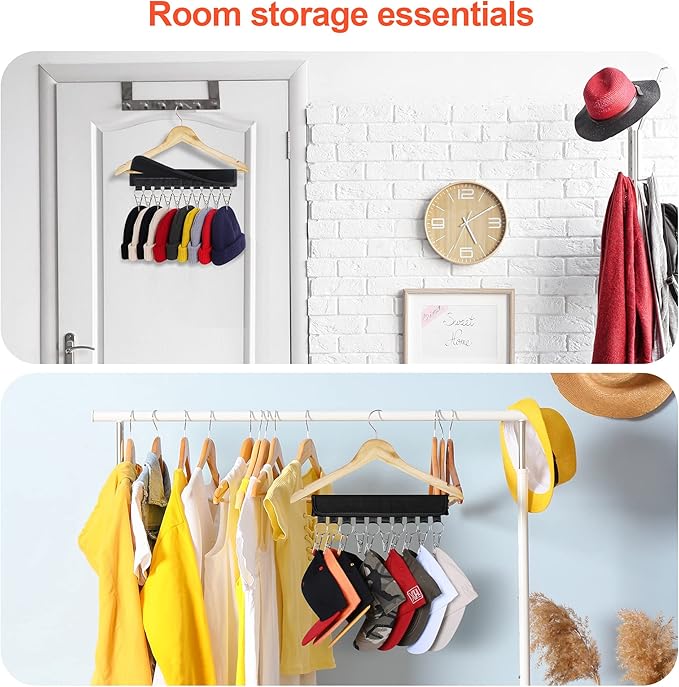 Hat Organizer Holder for Hanger & Room Closet, 4Pack Hat Storage Clips, for Hang Baseball Hats Rack, Ball Caps, Winter Beanie & Accessories, Not Including Hangers & Hats (4PC Black)