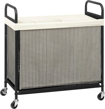 STORAGE MANIAC Rolling Laundry Hamper with Wheels 3-Section Laundry Sorter Rolling Laundrys Basket on Wheels with Removable Bag Clothes Hamper Laundrys Organizer Cart Bathroom Bedroom 120L Beige