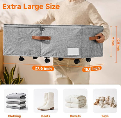60L Large Under Bed Storage with Wheels Pack of 2, Underbed Shoe Container Bin with Clear Lid Cover, 10.5 Inches Rolling Under Bed Drawer Storage Bag Basket for Boots Quilt Sweater - Grey