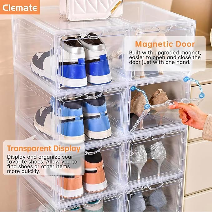 Clemate Upgraded X-Large Shoe Organizer,Shoe Storage Organizer,12 Pack,Shoe Box Clear Plastic Stackable,Drop Front Shoe Box with Clear Door, Shoe Containers For Sneaker Display,Fit up to US Size12
